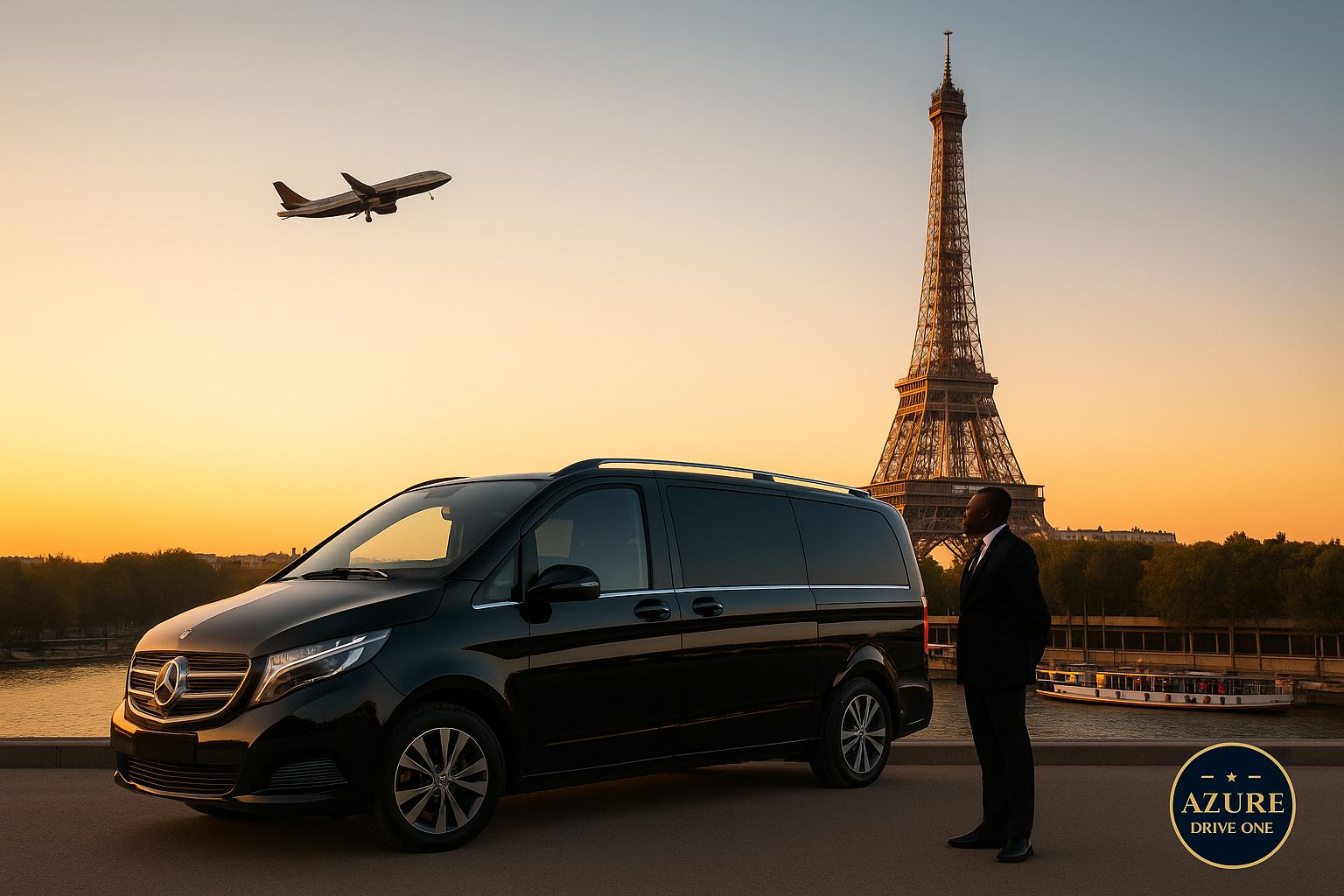 Executive private chauffeur standing by a luxury vehicle in central Paris