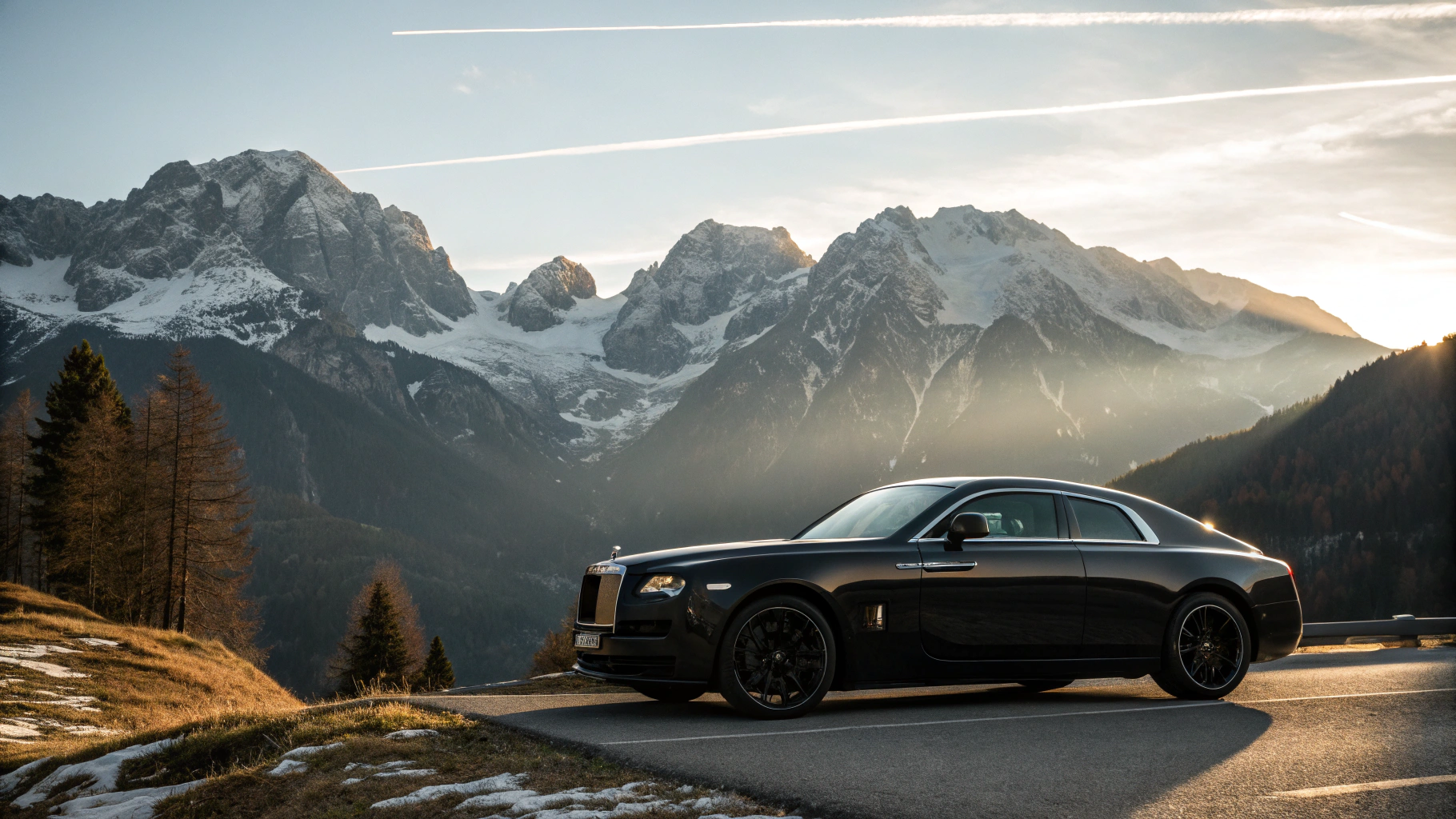 Véhicule chauffeur Mercedes-Benz de luxe dans une station de ski enneigée des Alpes françaises, en plein jour