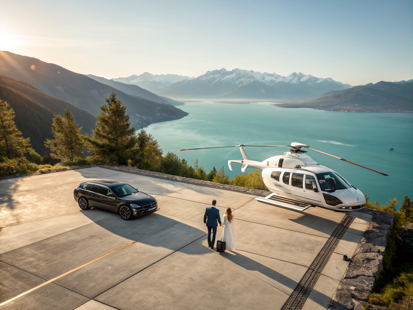 Hélicoptère privé de luxe sur héliport avec passagers à l'embarquement