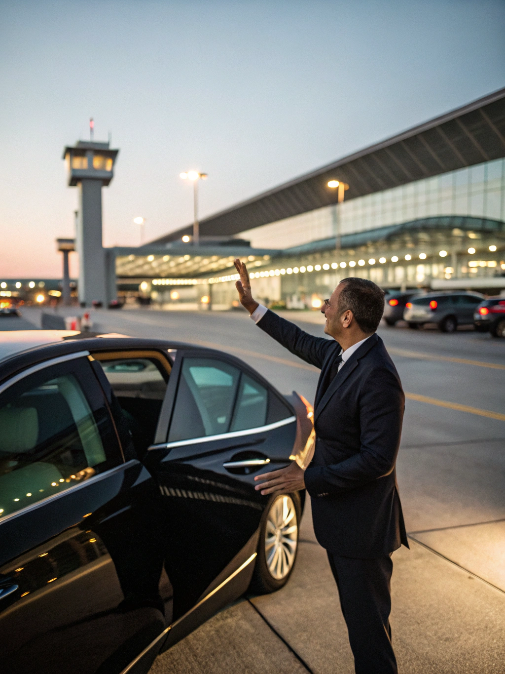 Chauffeur privé accueillant un passager avec ses bagages au terminal de l'aéroport de Genève devant une berline Mercedes