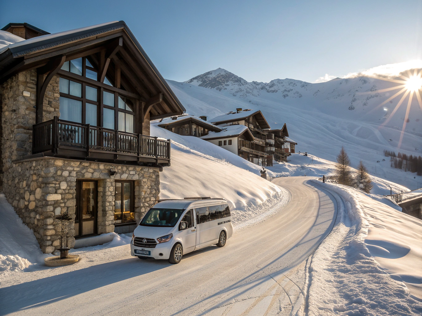 Chauffeur arrivant à l'entrée d'un chalet alpin de luxe