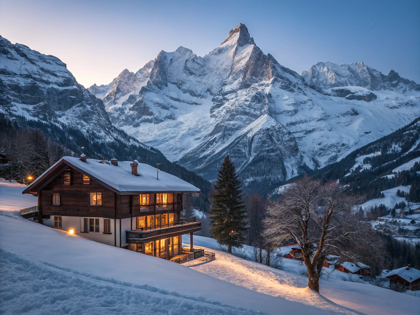 Vue panoramique hivernale sur le village alpin et les chalets de Gstaad