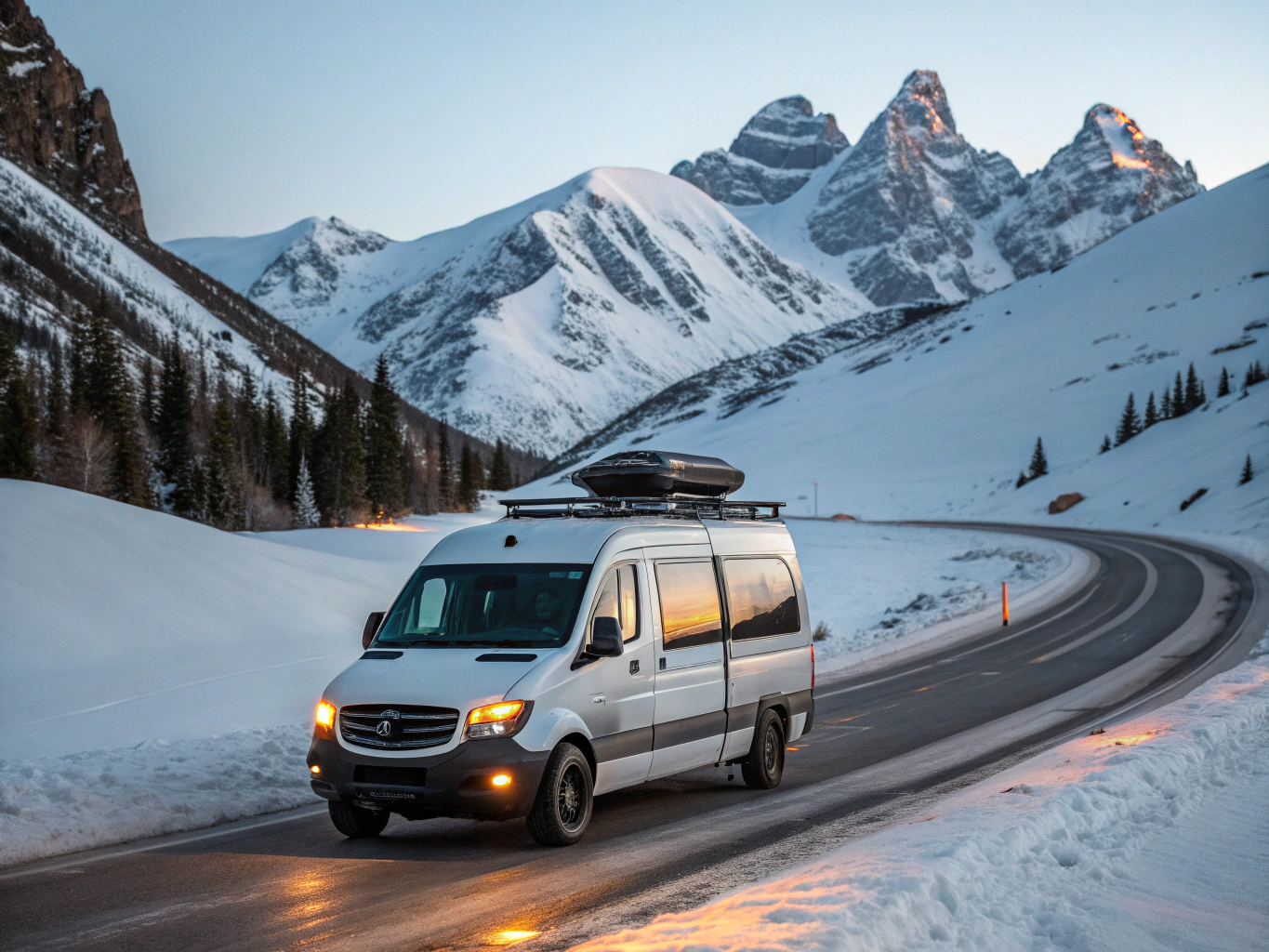 Van de luxe spacieux prêt pour le transport de matériel de ski en montagne