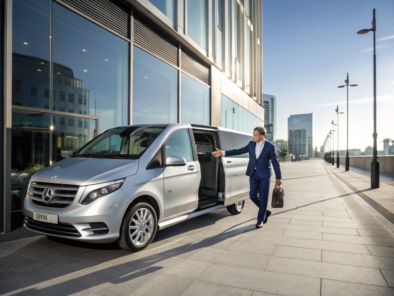 Coordination en direct d'une flotte Mercedes Classe V et Classe S avec chauffeurs en costume et passagers VIP